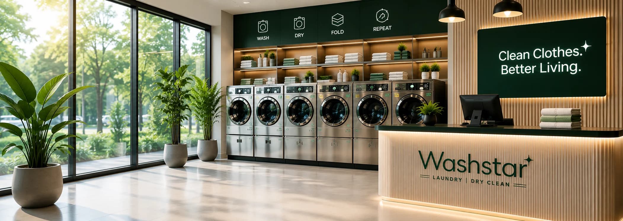 A modern Washstar laundry and dry-clean store interior
